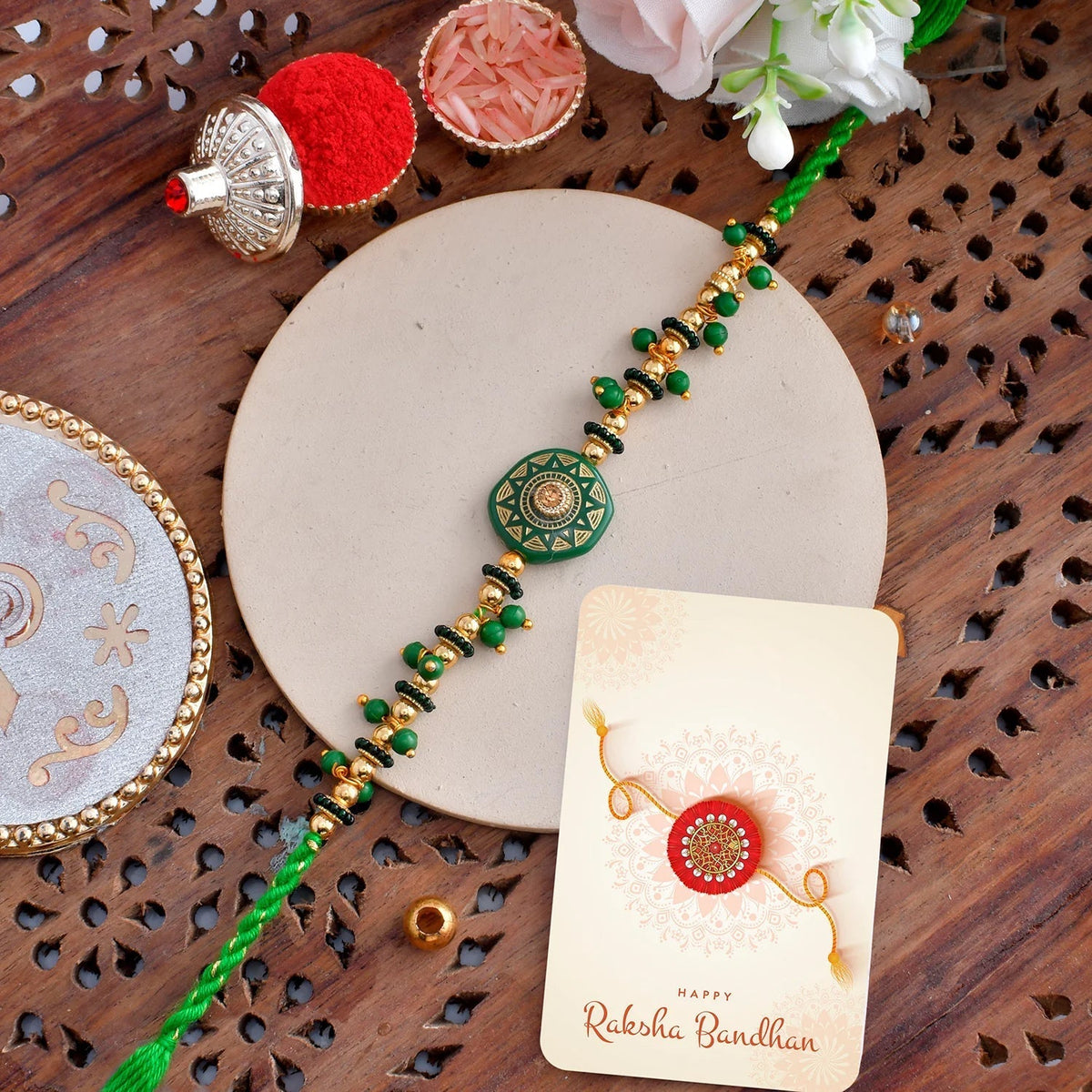 trueBrowns X Voylla Men's Green Enamelled White Pearls Thread Rakhi For Brother | Grocsy