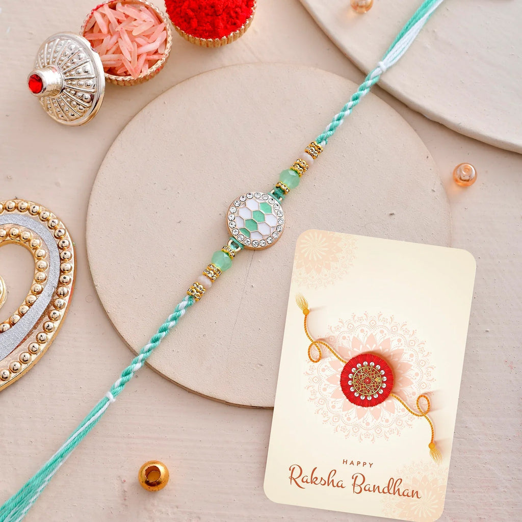 trueBrowns X Voylla Men's Green Thread Traditional Design White Pearls Rakhi For Brother | Grocsy