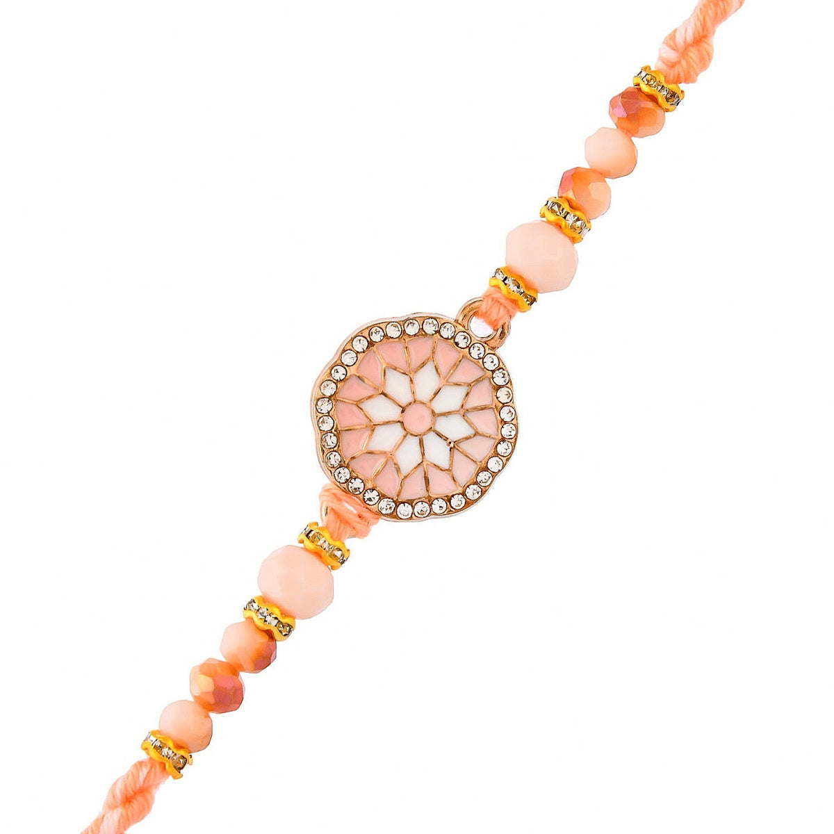 trueBrowns X Voylla Men's Orange Thread Traditional Design White Pearls Rakhi For Brother | Grocsy