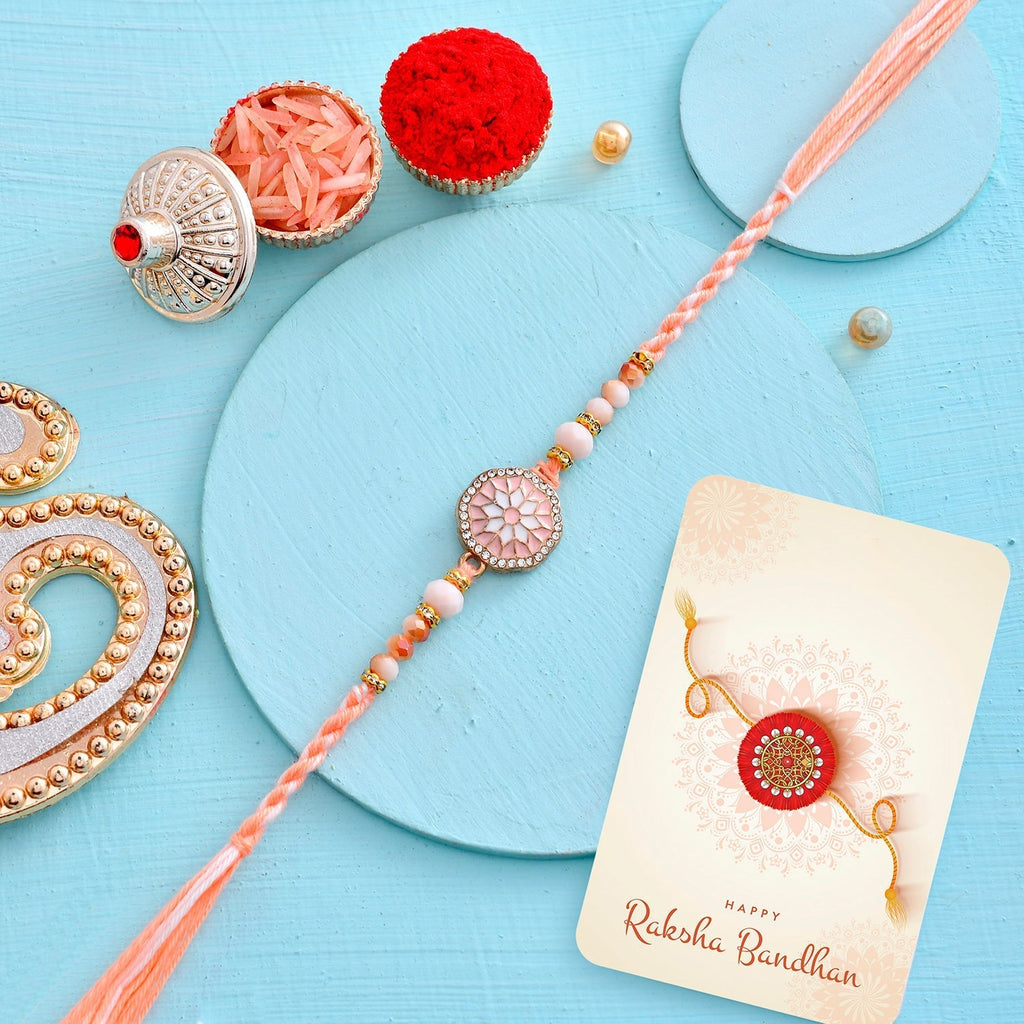 trueBrowns X Voylla Men's Orange Thread Traditional Design White Pearls Rakhi For Brother | Grocsy