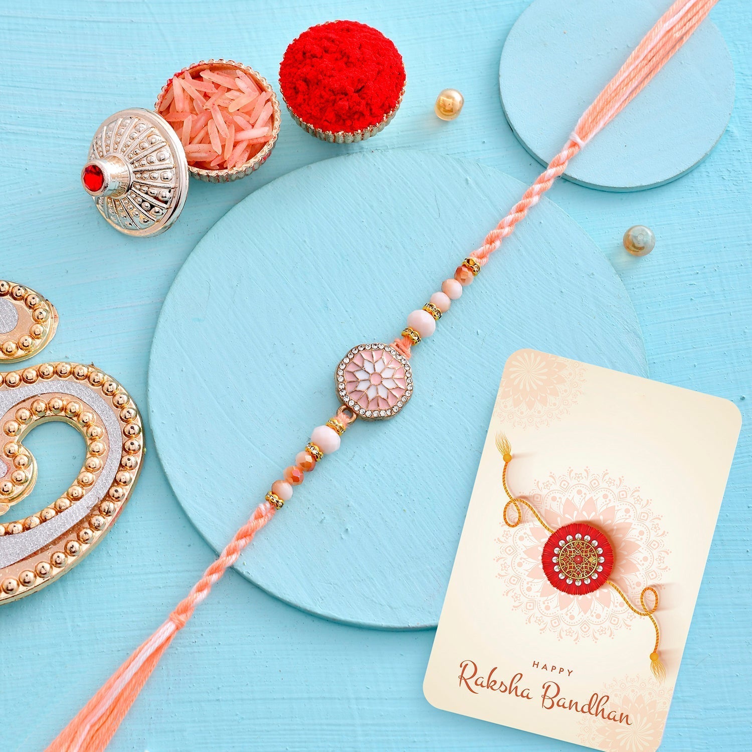 trueBrowns X Voylla Men's Orange Thread Traditional Design White Pearls Rakhi For Brother | Grocsy