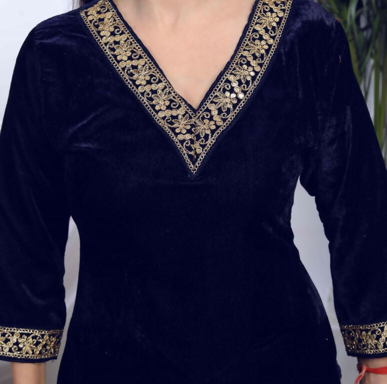 Miravan Women's Blue Velvet Embroidered/Sequence Work Straight Kurta with Palazzo | Grocsy