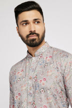Ethnic India Grey Men's Kurta Floral Polyester | Grocsy