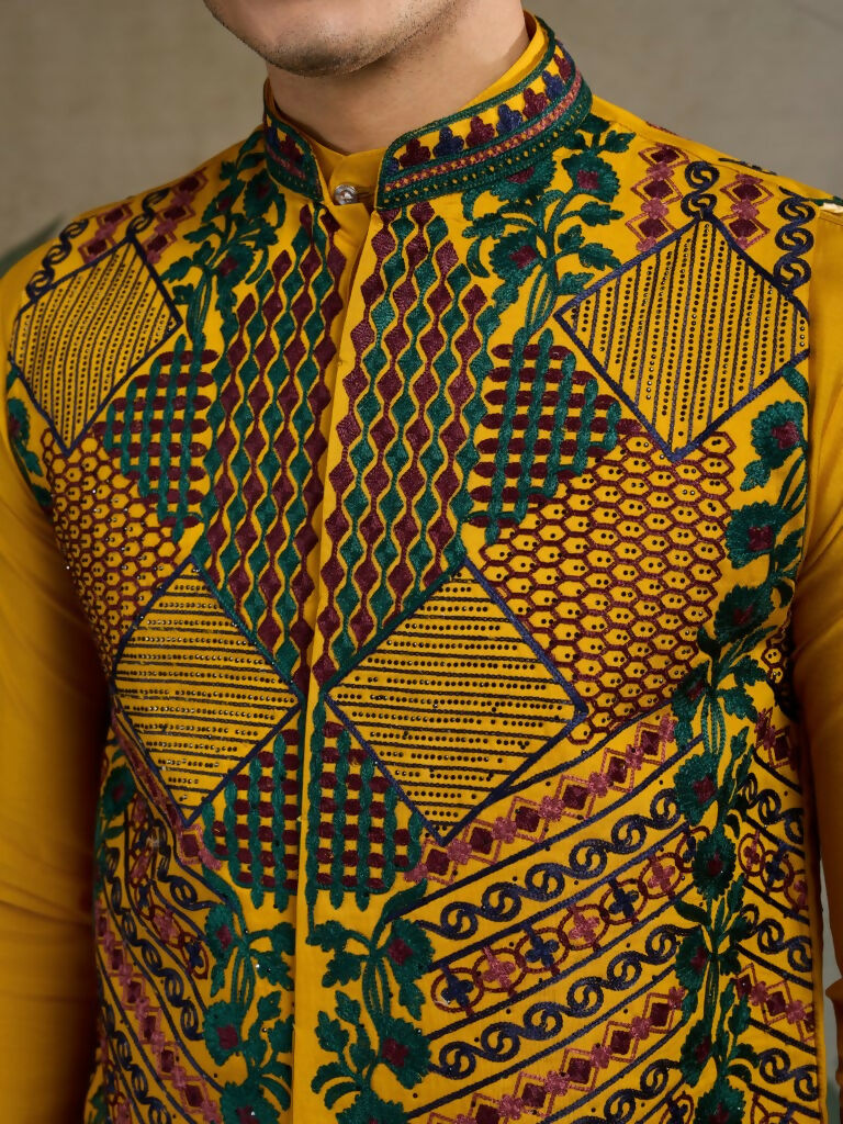 Vastranavya Yellow Exclusive Festival Viscose Silk Thread & Swarovski Embroidered Work Mens Wear Kurta & Koti | Grocsy