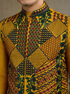 Vastranavya Yellow Exclusive Festival Viscose Silk Thread & Swarovski Embroidered Work Mens Wear Kurta & Koti | Grocsy