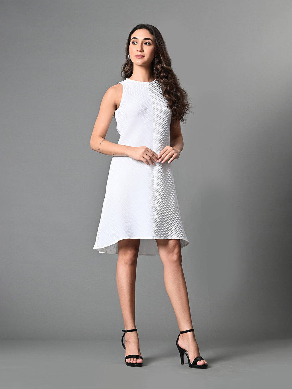 Myshka Women's Round Neck Sleeveless Embellished A-Line Dress in White Color | Grocsy