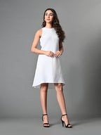 Myshka Women's Round Neck Sleeveless Embellished A-Line Dress in White Color | Grocsy