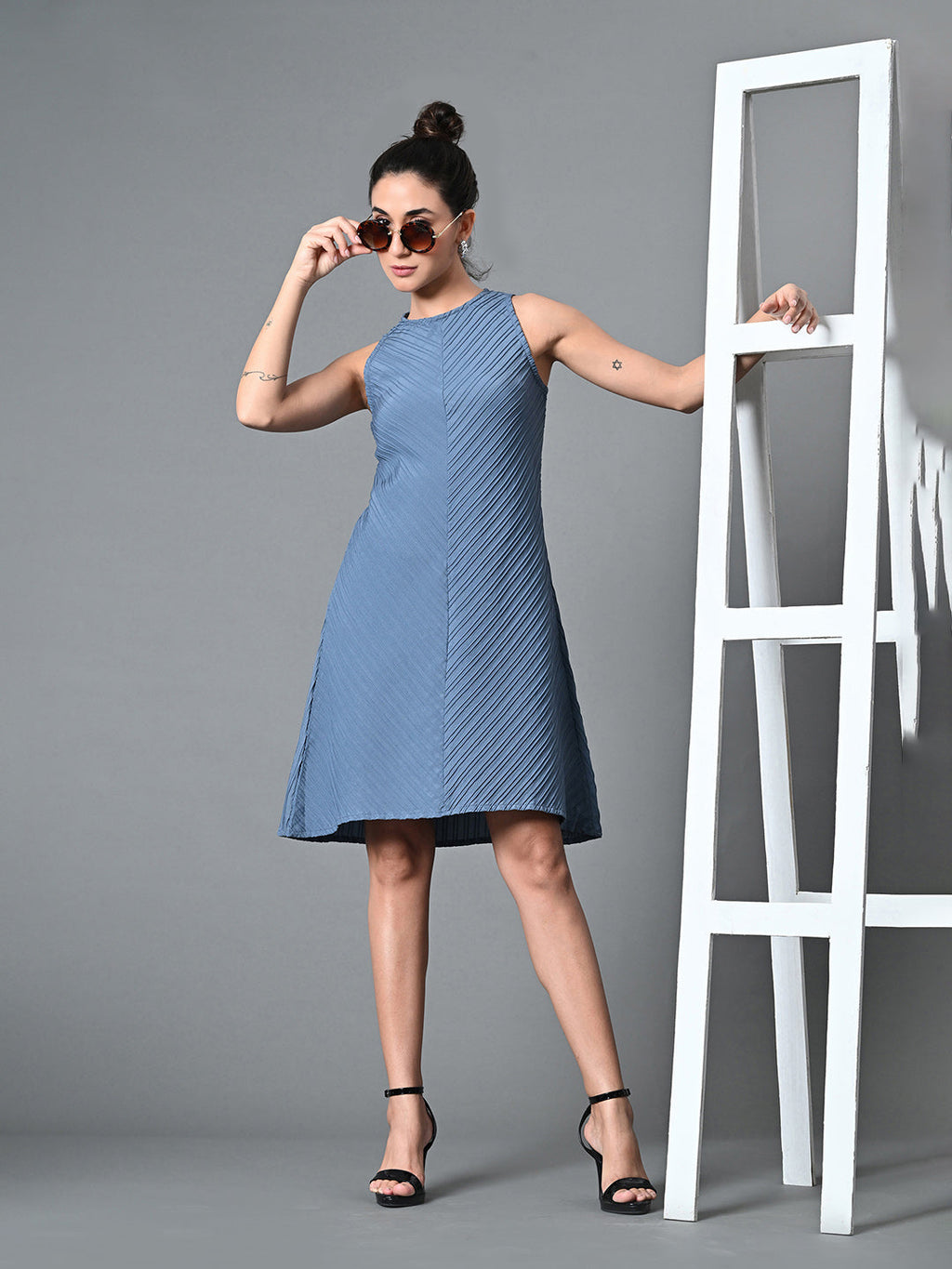 Myshka Women's Round Neck Sleeveless Embellished A-Line Dress in Grey Color | Grocsy