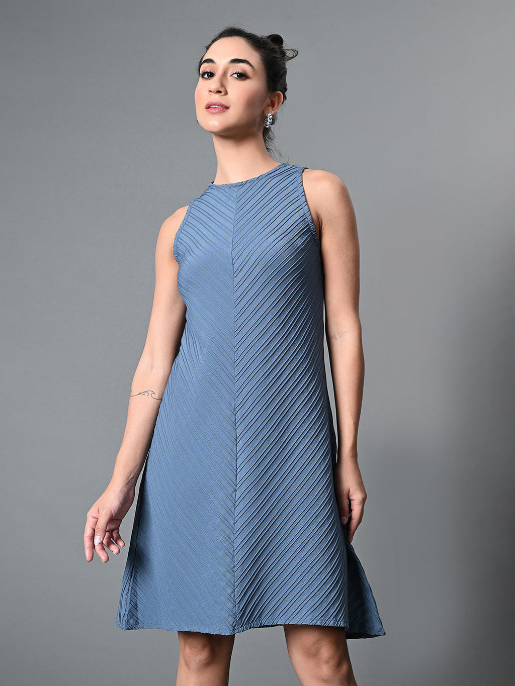 Myshka Women's Round Neck Sleeveless Embellished A-Line Dress in Grey Color | Grocsy