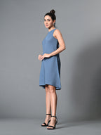 Myshka Women's Round Neck Sleeveless Embellished A-Line Dress in Grey Color | Grocsy