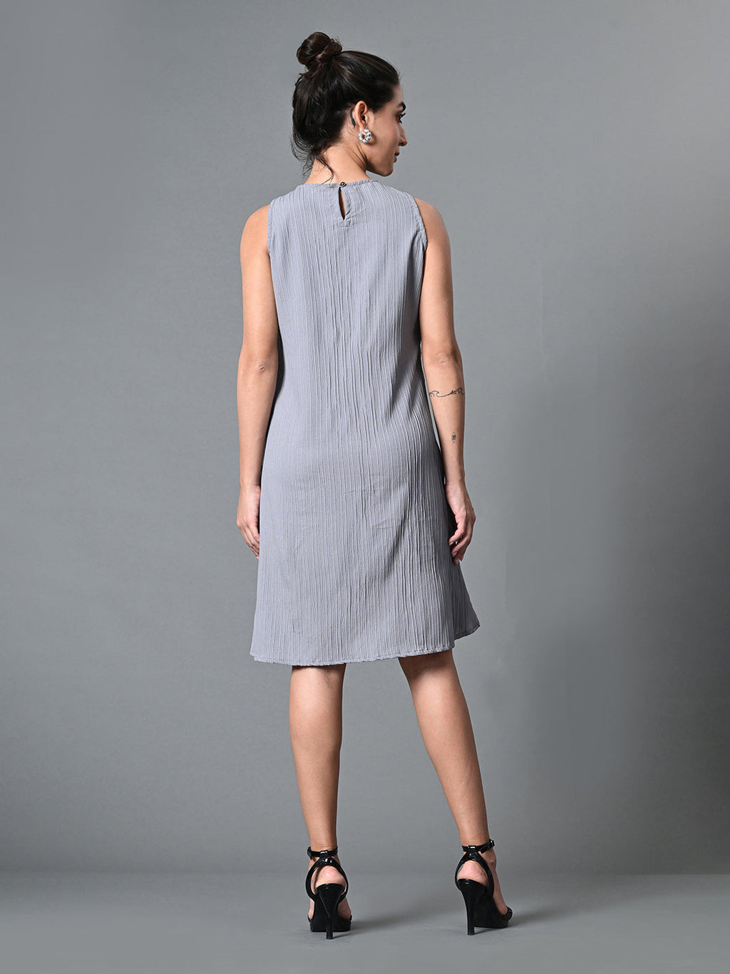 Myshka Women's Round Neck Sleeveless Embellished A-Line Dress in Grey Color | Grocsy