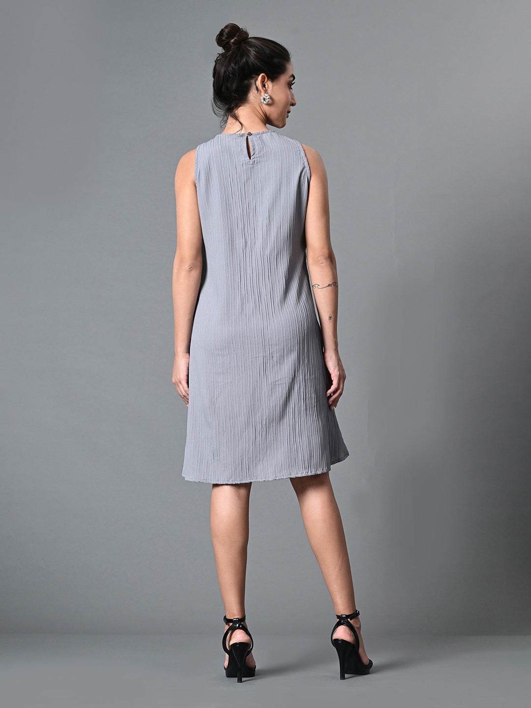Myshka Women's Round Neck Sleeveless Embellished A-Line Dress in Grey Color | Grocsy