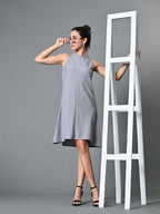 Myshka Women's Round Neck Sleeveless Embellished A-Line Dress in Grey Color | Grocsy
