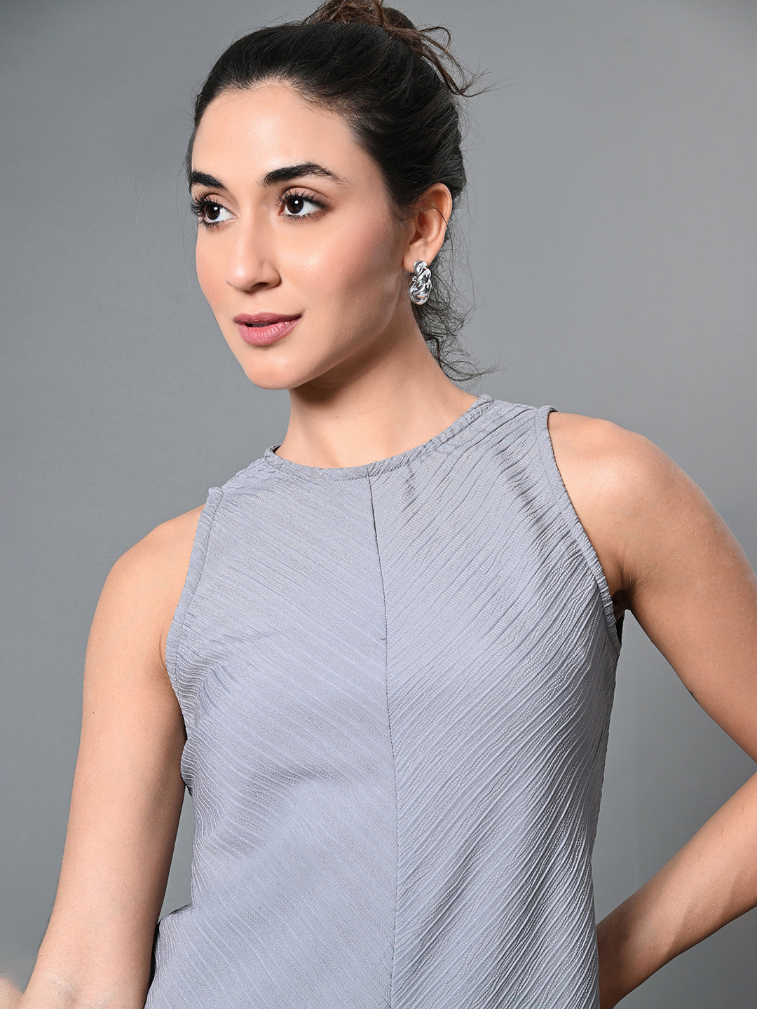 Myshka Women's Round Neck Sleeveless Embellished A-Line Dress in Grey Color | Grocsy
