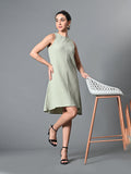 Myshka Women's Round Neck Sleeveless Embellished A-Line Dress in Olive Color | Grocsy