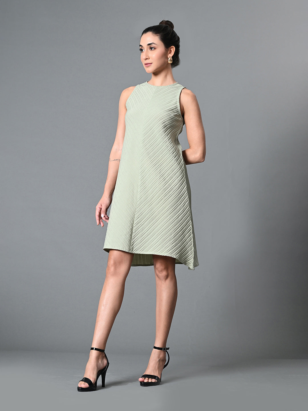 Myshka Women's Round Neck Sleeveless Embellished A-Line Dress in Olive Color | Grocsy