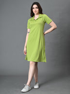 Myshka Women's Collared Neck Short Sleeves Ribbed A-Line Dress in Green Color | Grocsy