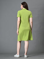 Myshka Women's Collared Neck Short Sleeves Ribbed A-Line Dress in Green Color | Grocsy