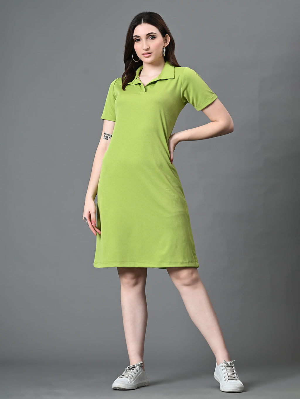 Myshka Women's Collared Neck Short Sleeves Ribbed A-Line Dress in Green Color | Grocsy