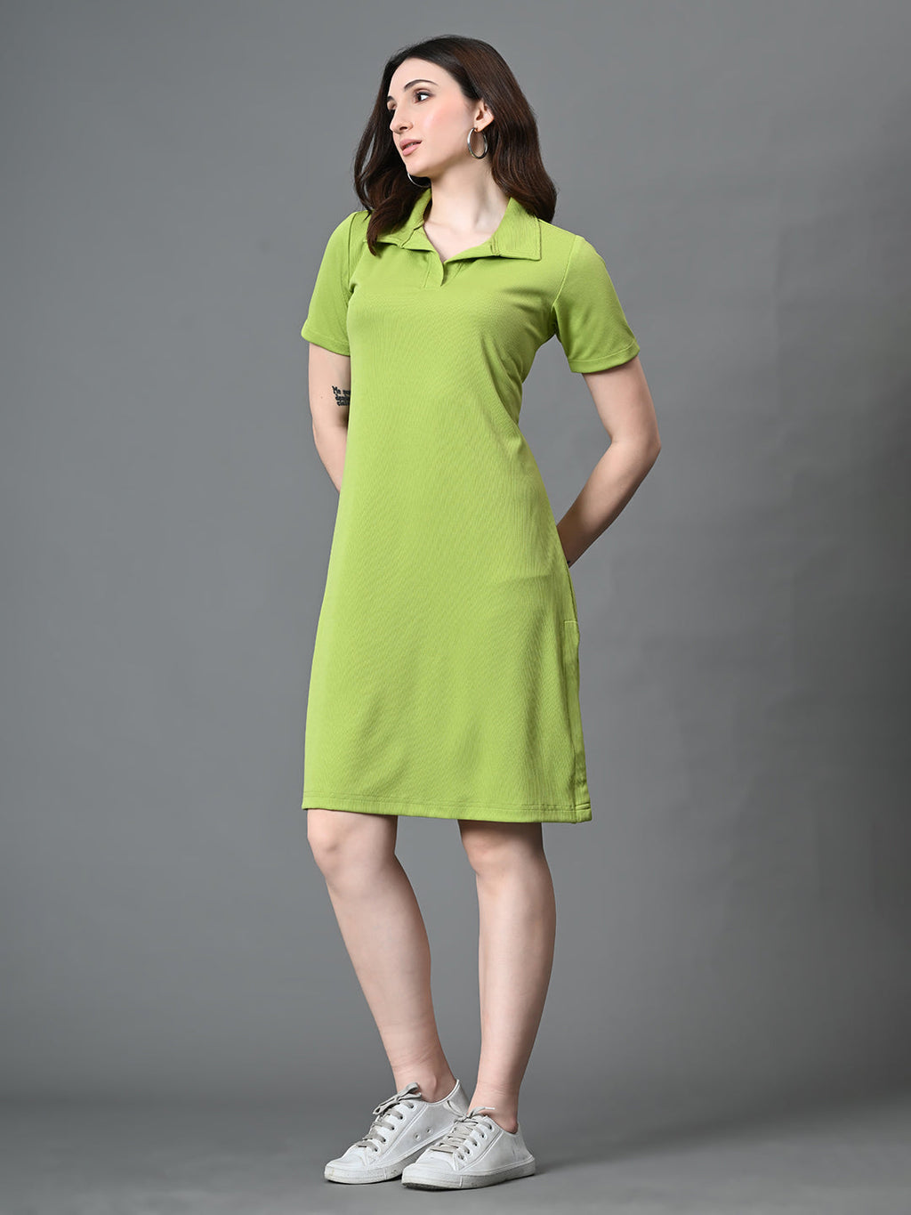 Myshka Women's Collared Neck Short Sleeves Ribbed A-Line Dress in Green Color | Grocsy