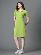 Myshka Women's Collared Neck Short Sleeves Ribbed A-Line Dress in Green Color | Grocsy