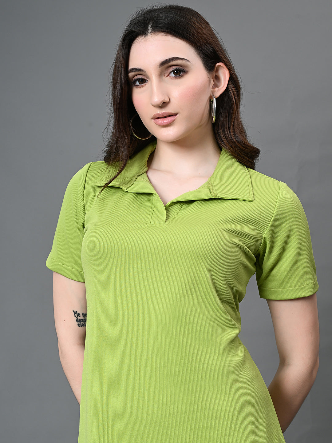 Myshka Women's Collared Neck Short Sleeves Ribbed A-Line Dress in Green Color | Grocsy