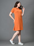 Myshka Women's Collared Neck Short Sleeves Ribbed A-Line Dress in Orange Color | Grocsy
