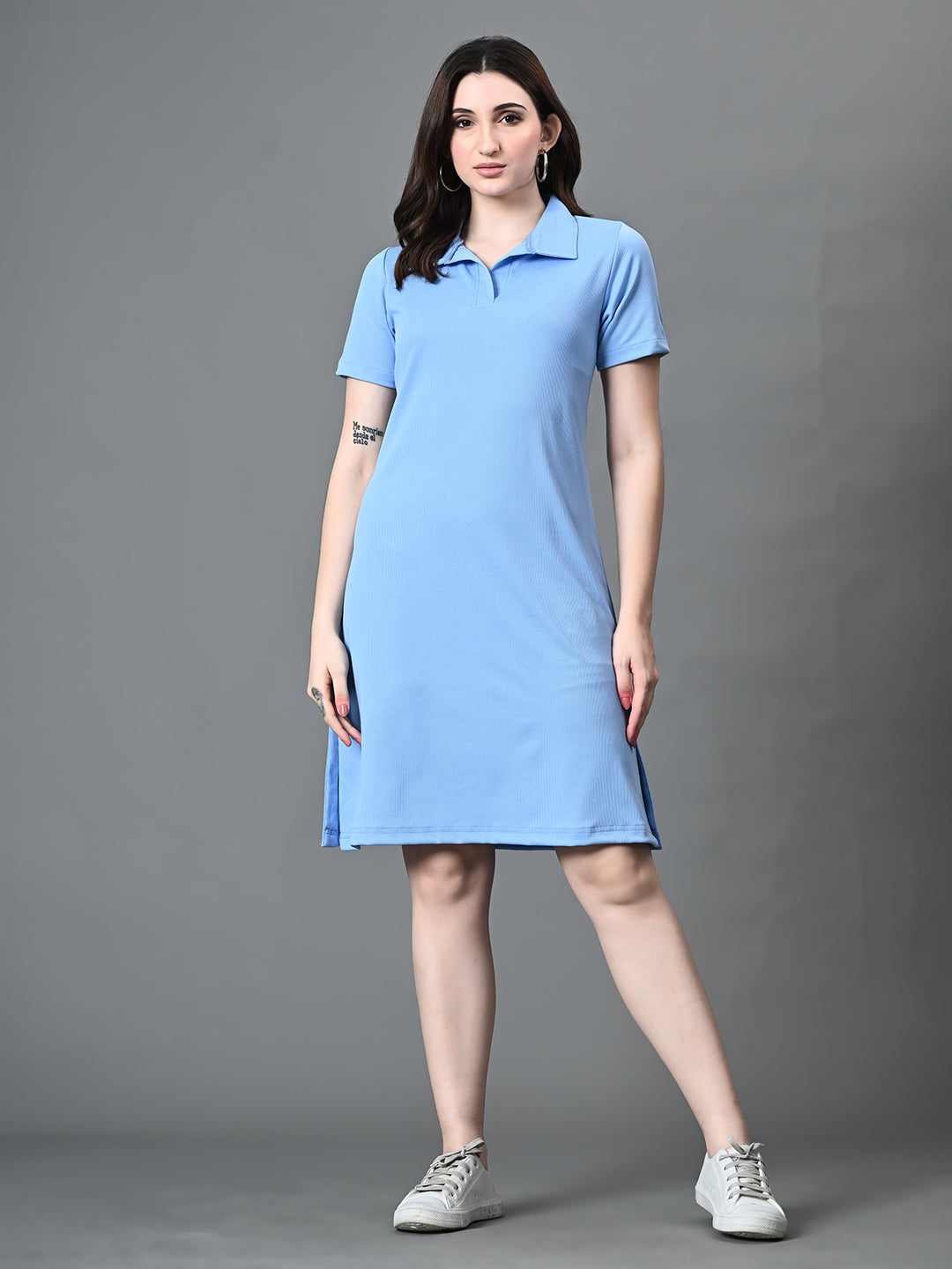 Myshka Women's Collared Neck Short Sleeves Ribbed A-Line Dress in Blue Color | Grocsy