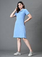 Myshka Women's Collared Neck Short Sleeves Ribbed A-Line Dress in Blue Color | Grocsy