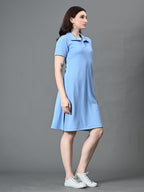 Myshka Women's Collared Neck Short Sleeves Ribbed A-Line Dress in Blue Color | Grocsy
