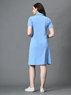 Myshka Women's Collared Neck Short Sleeves Ribbed A-Line Dress in Blue Color | Grocsy