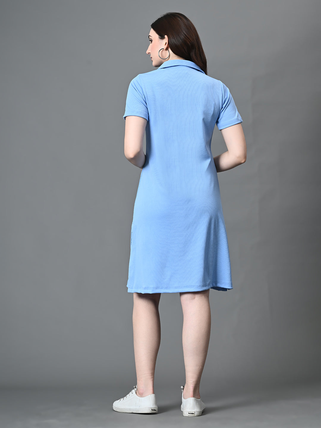 Myshka Women's Collared Neck Short Sleeves Ribbed A-Line Dress in Blue Color | Grocsy