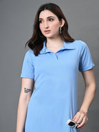 Myshka Women's Collared Neck Short Sleeves Ribbed A-Line Dress in Blue Color | Grocsy