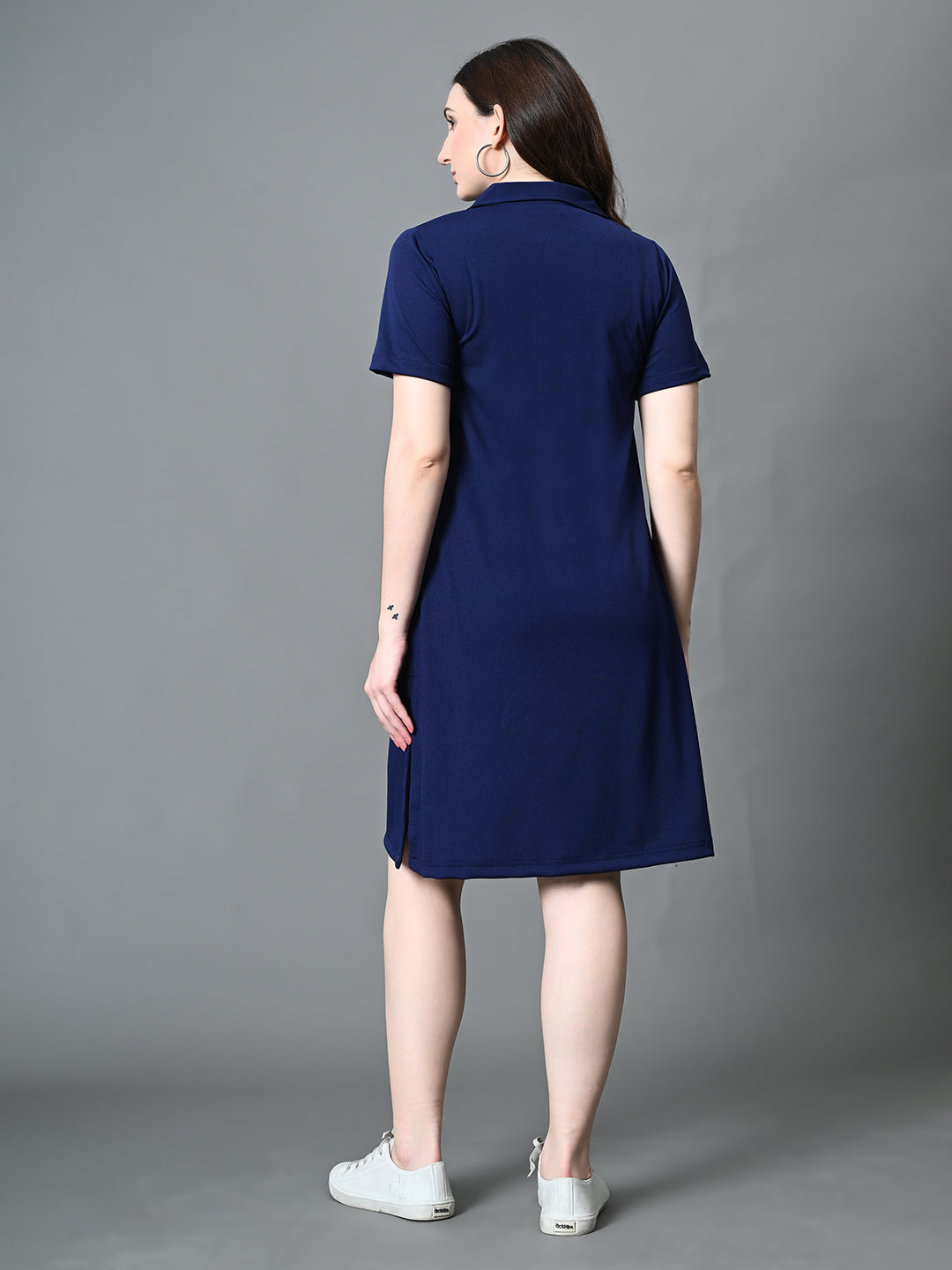 Myshka Women's Collared Neck Short Sleeves Ribbed A-Line Dress in Navy Blue Color | Grocsy