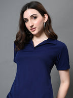 Myshka Women's Collared Neck Short Sleeves Ribbed A-Line Dress in Navy Blue Color | Grocsy
