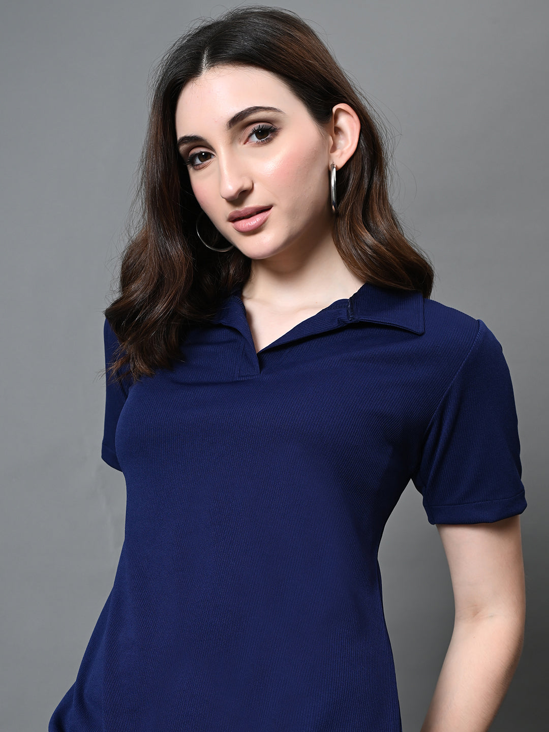 Myshka Women's Collared Neck Short Sleeves Ribbed A-Line Dress in Navy Blue Color | Grocsy