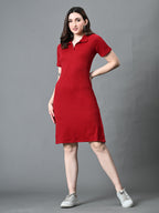 Myshka Women's Collared Neck Short Sleeves Ribbed A-Line Dress in Maroon Color | Grocsy