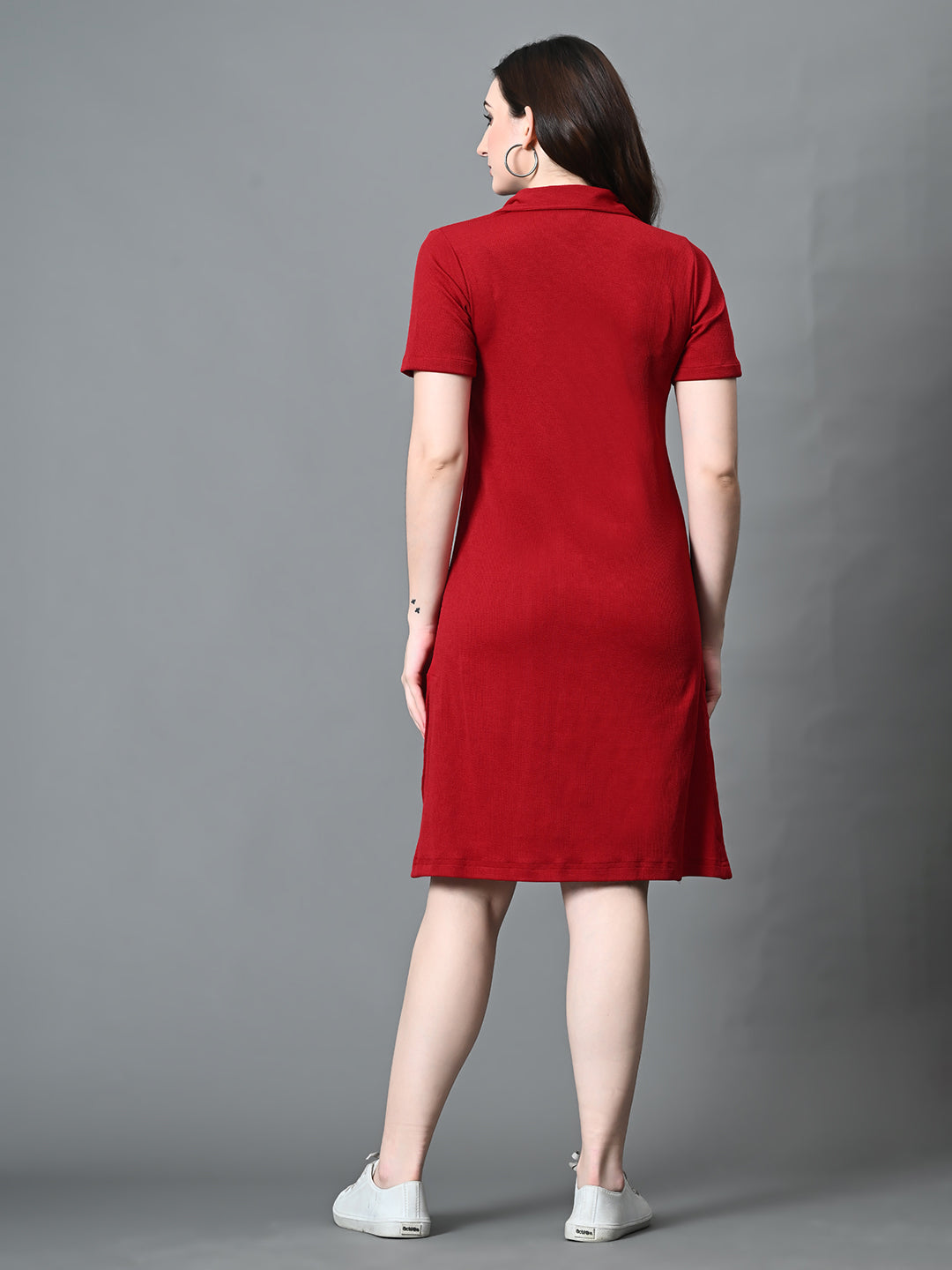Myshka Women's Collared Neck Short Sleeves Ribbed A-Line Dress in Maroon Color | Grocsy
