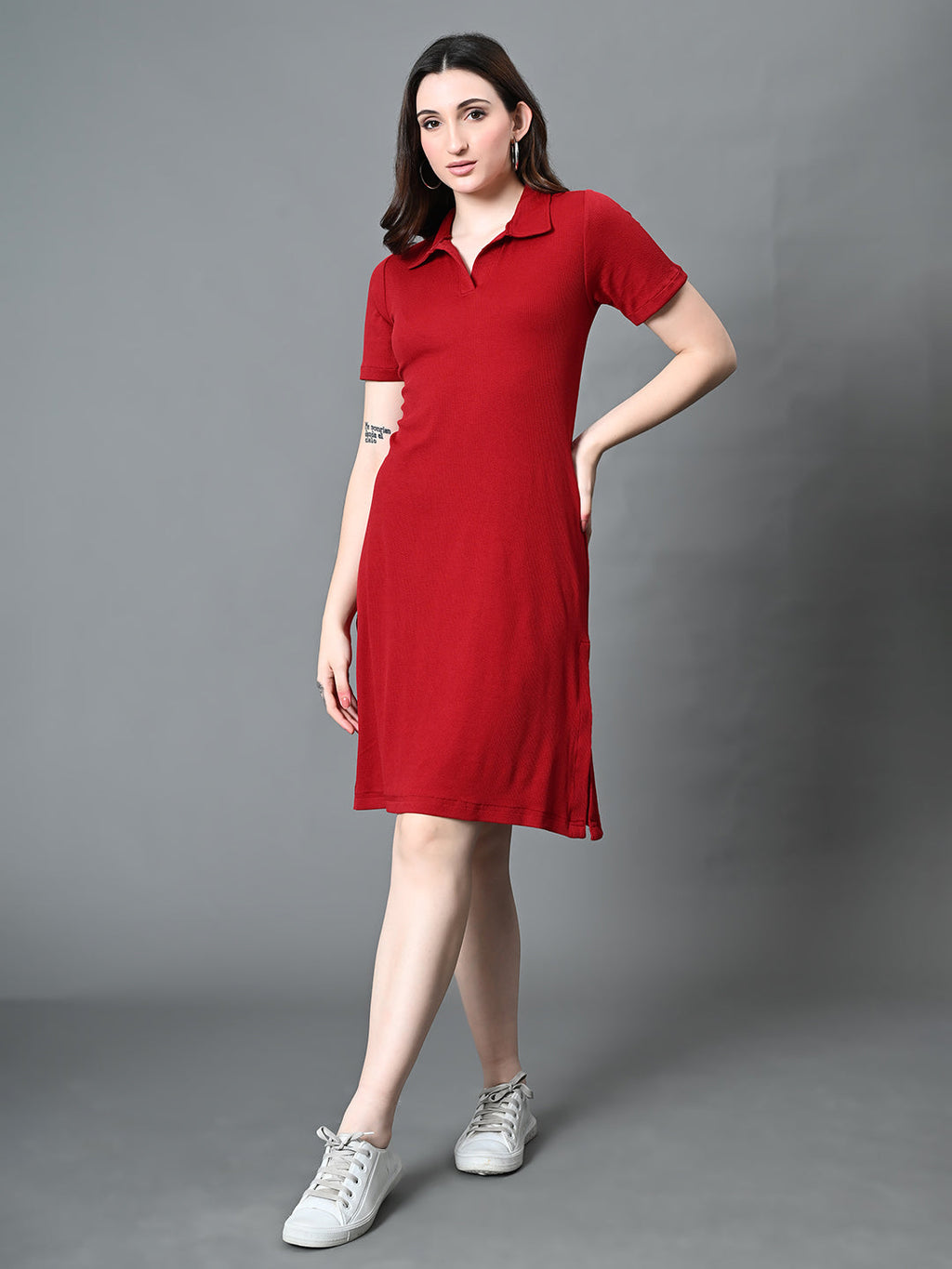 Myshka Women's Collared Neck Short Sleeves Ribbed A-Line Dress in Maroon Color | Grocsy