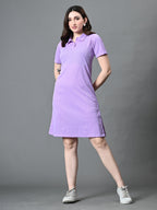 Myshka Women's Collared Neck Short Sleeves Ribbed A-Line Dress in Lavender Color | Grocsy
