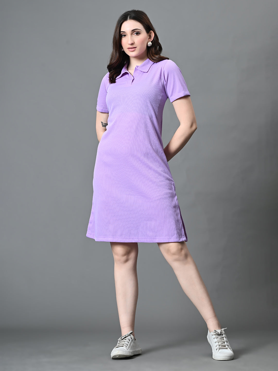 Myshka Women's Collared Neck Short Sleeves Ribbed A-Line Dress in Lavender Color | Grocsy