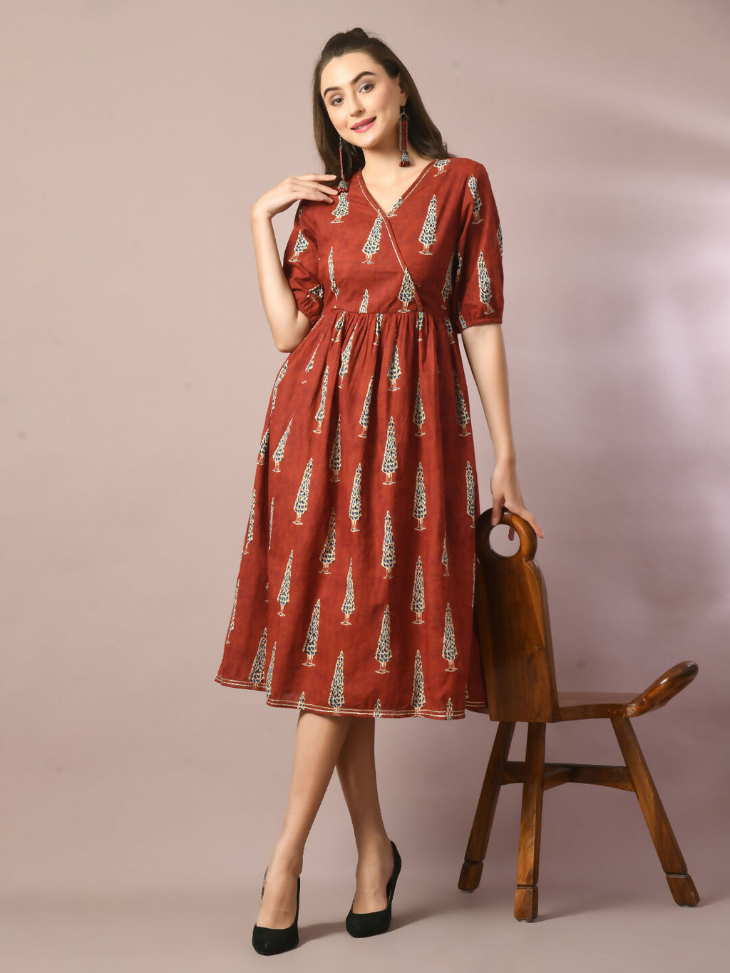 Myshka Women's Rust Printed Cotton V-Neck Empire Party Dress | Grocsy