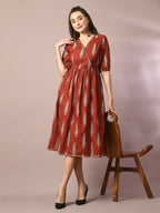 Myshka Women's Rust Printed Cotton V-Neck Empire Party Dress | Grocsy