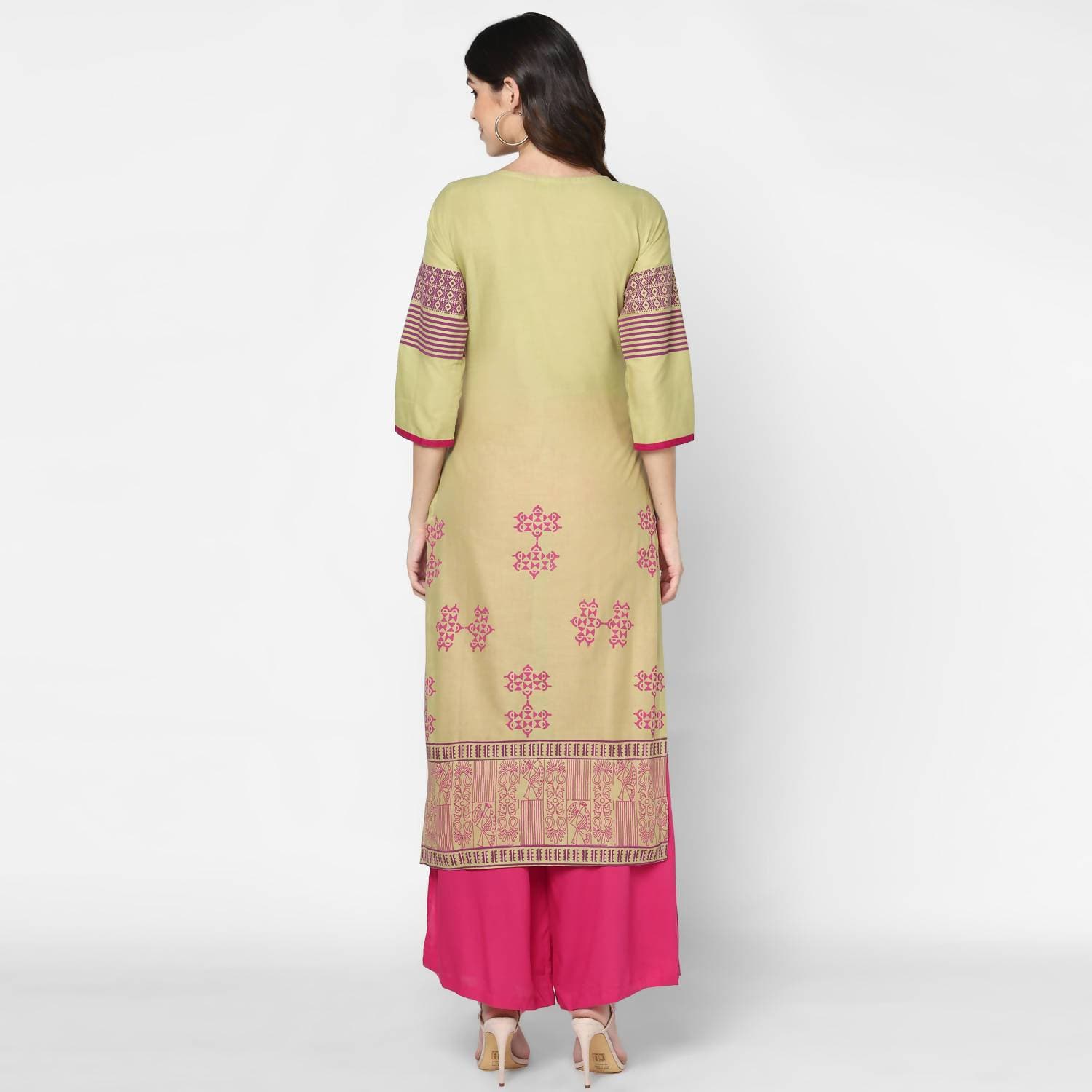 Cheera Hand Block Print Green & Pink Straight Kurta With Palazzo (MAAI-079K) | Grocsy