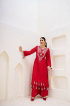 The52 Women's Gorgeous Rayon Fabric Thread Work Straight Kurta Palazzo Set | Grocsy