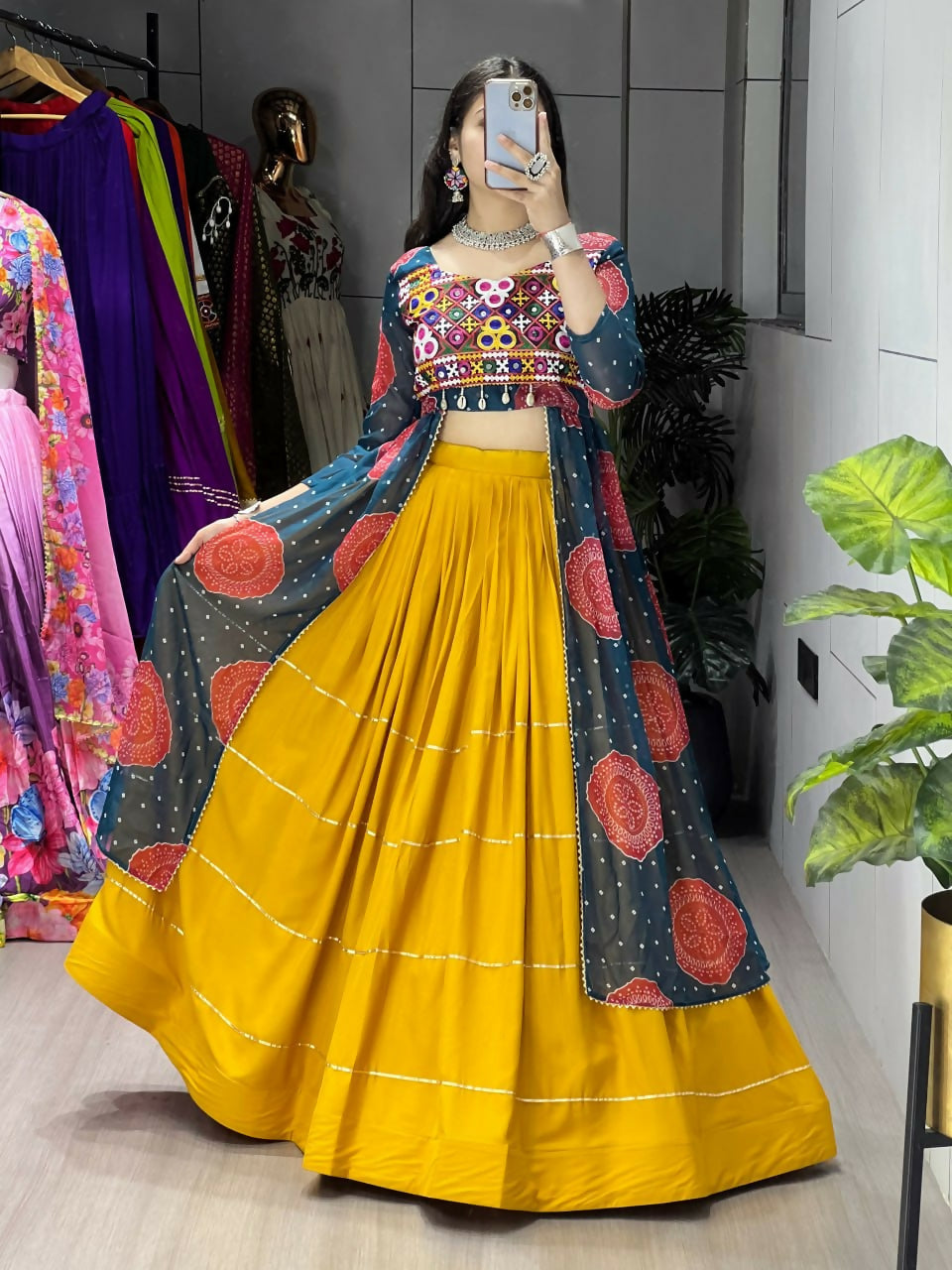 Yash Enterprise Mustard Rama Rayon Cotton Embroidery Semi Stitched Navratri Chaniya Choli | Grocsy