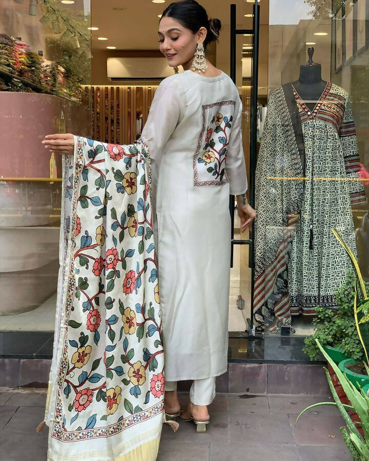 The52 Off White Women's Gorgeous Embroidered Viscose Chanderi Fabric Straight Kurta Pant with Dupatta Set | Grocsy