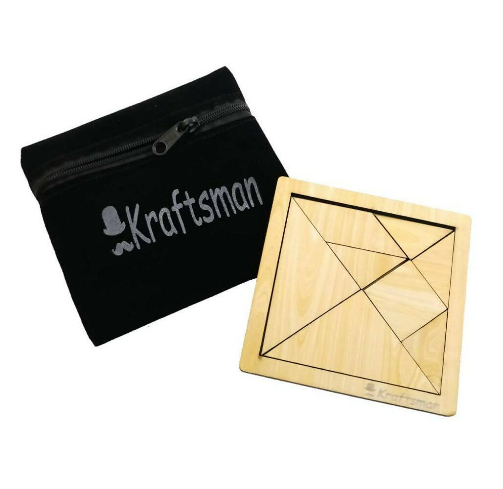 Kraftsman Portable Wooden Tangram Puzzle | 7 Pieces Puzzle Board for Kids and Adults | Travel Pouch Included | Grocsy