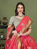 Lorenvalley Fashion Peach Patola Silk Woven Design Zari Meenakari Weaving Saree | Grocsy