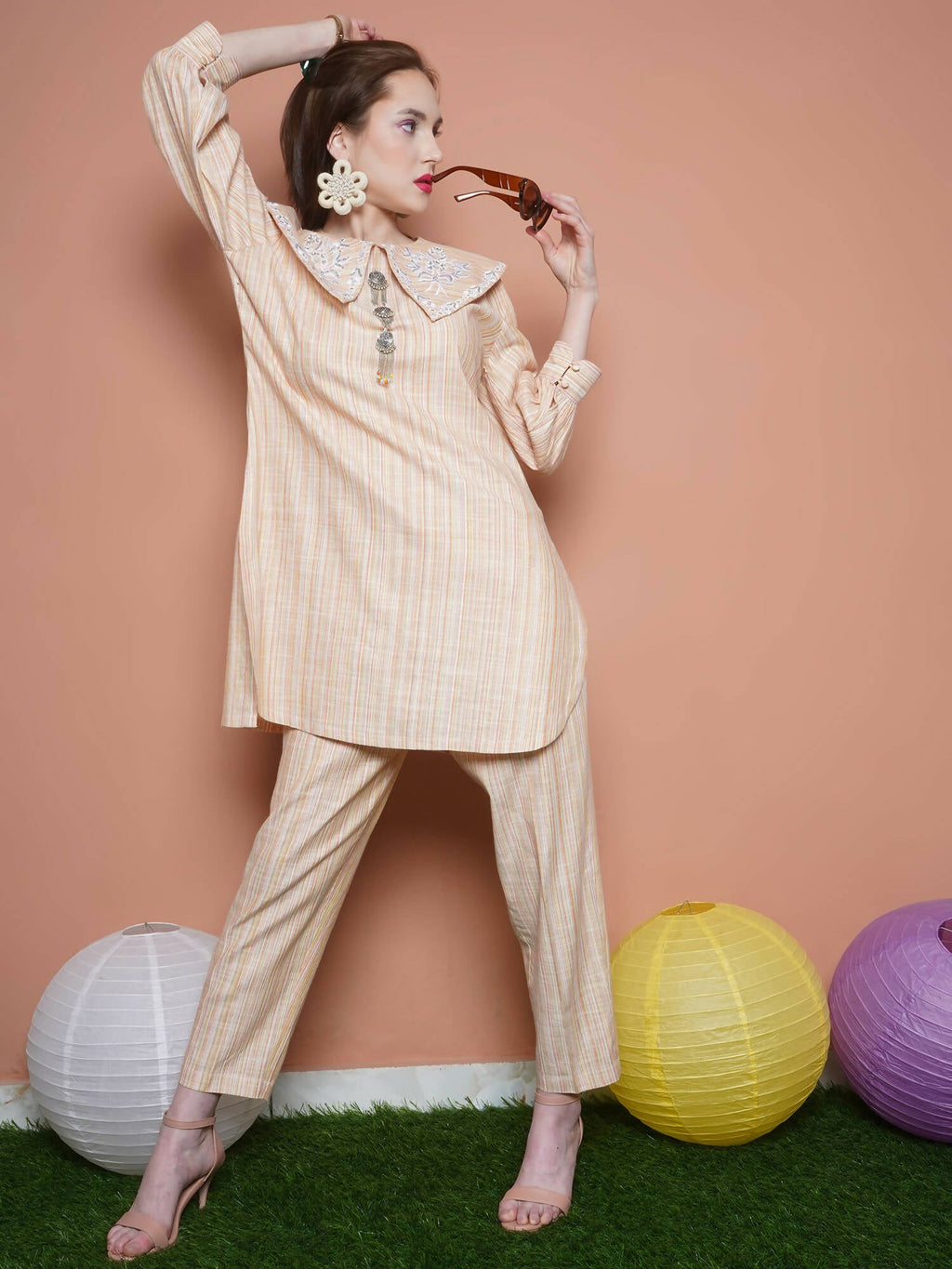 Women Republic Beige Striped Kurta Set | Grocsy